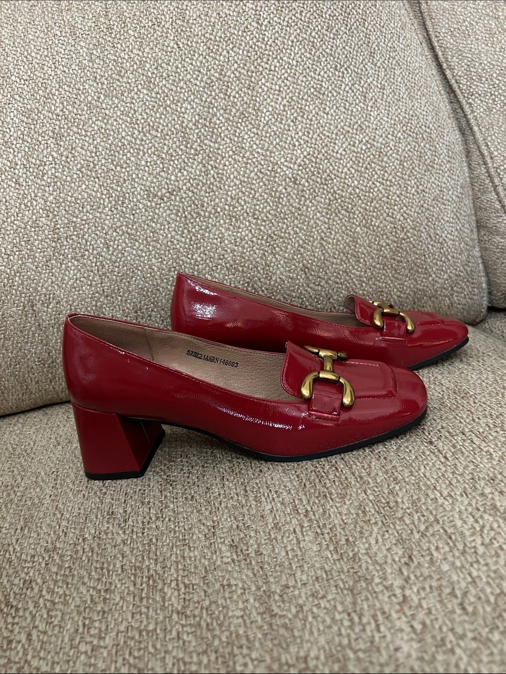Bibi Lou Red Patent Loafers with Gold Bit Detail - Picture 2 of 3